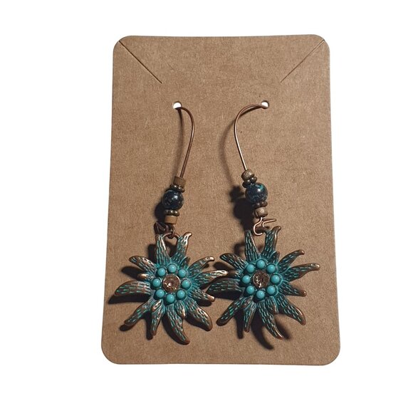 Turquoise Copper Tone Sunflower Drop Earrings Rhinestone Beach Boho Core Gift - Picture 1 of 4